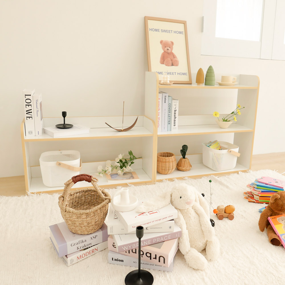심플룸 아기 책장 교구장 유아 전면 원목 우드 아이 2단 책장 화이트