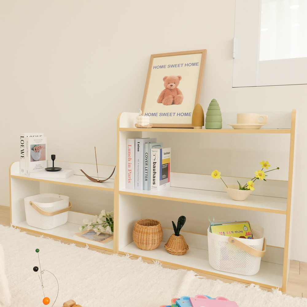 심플룸 아기 책장 교구장 유아 전면 원목 우드 아이 2단 책장 화이트