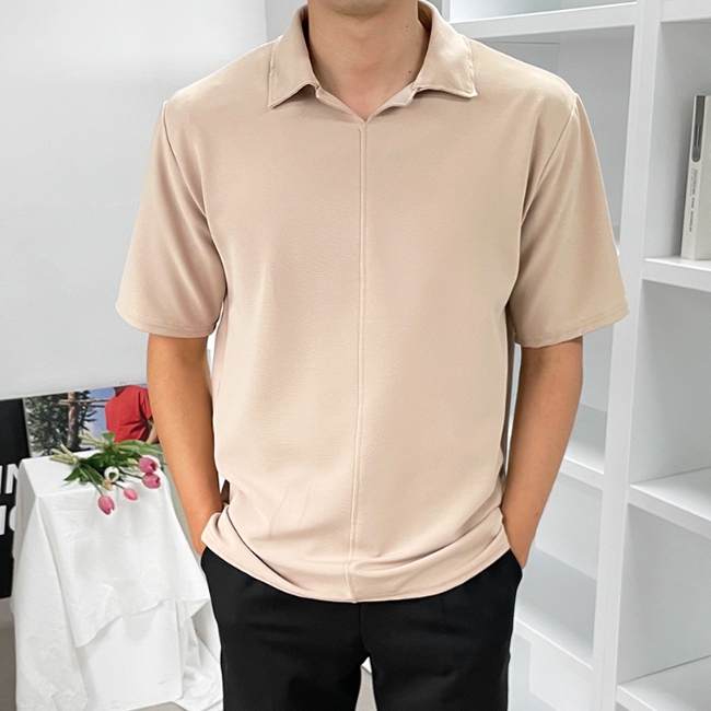 남자 알투베 미니멀 여름 절개 오픈 카라 반팔티 이미지 3