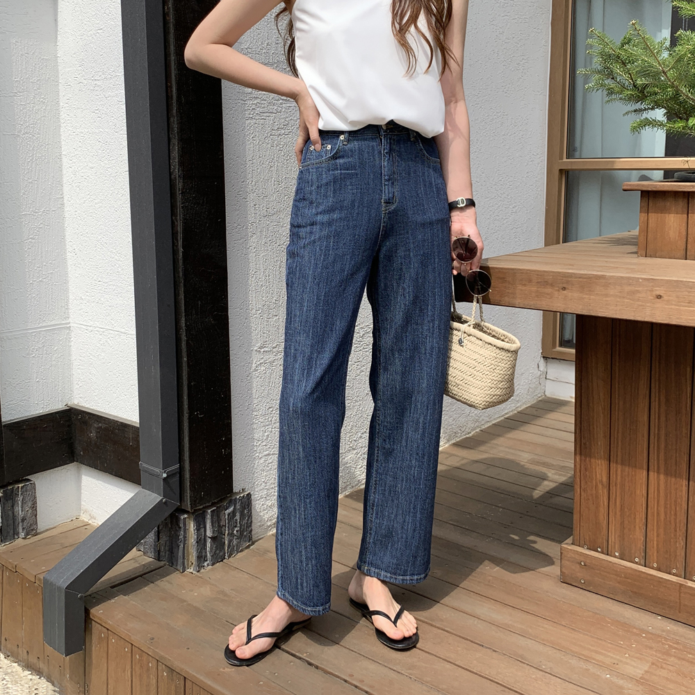 하이웨스트 세미 와이드 생지 데님 팬츠 여자여름청바지 얇은 여성와이드청바지 진청 통청바지
