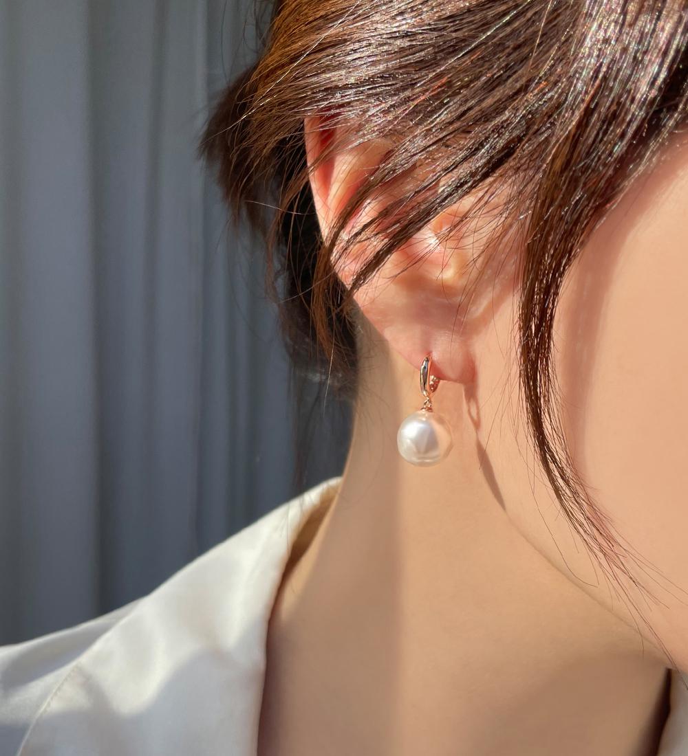 [무배/실버925] 스왈 왕진주 드롭 볼드 원터치 링귀걸이