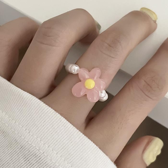 키치한 호마이카 꽃 진주 고무줄 밴딩 반지 3컬러 핑크 아이보리 블랙 이미지 7