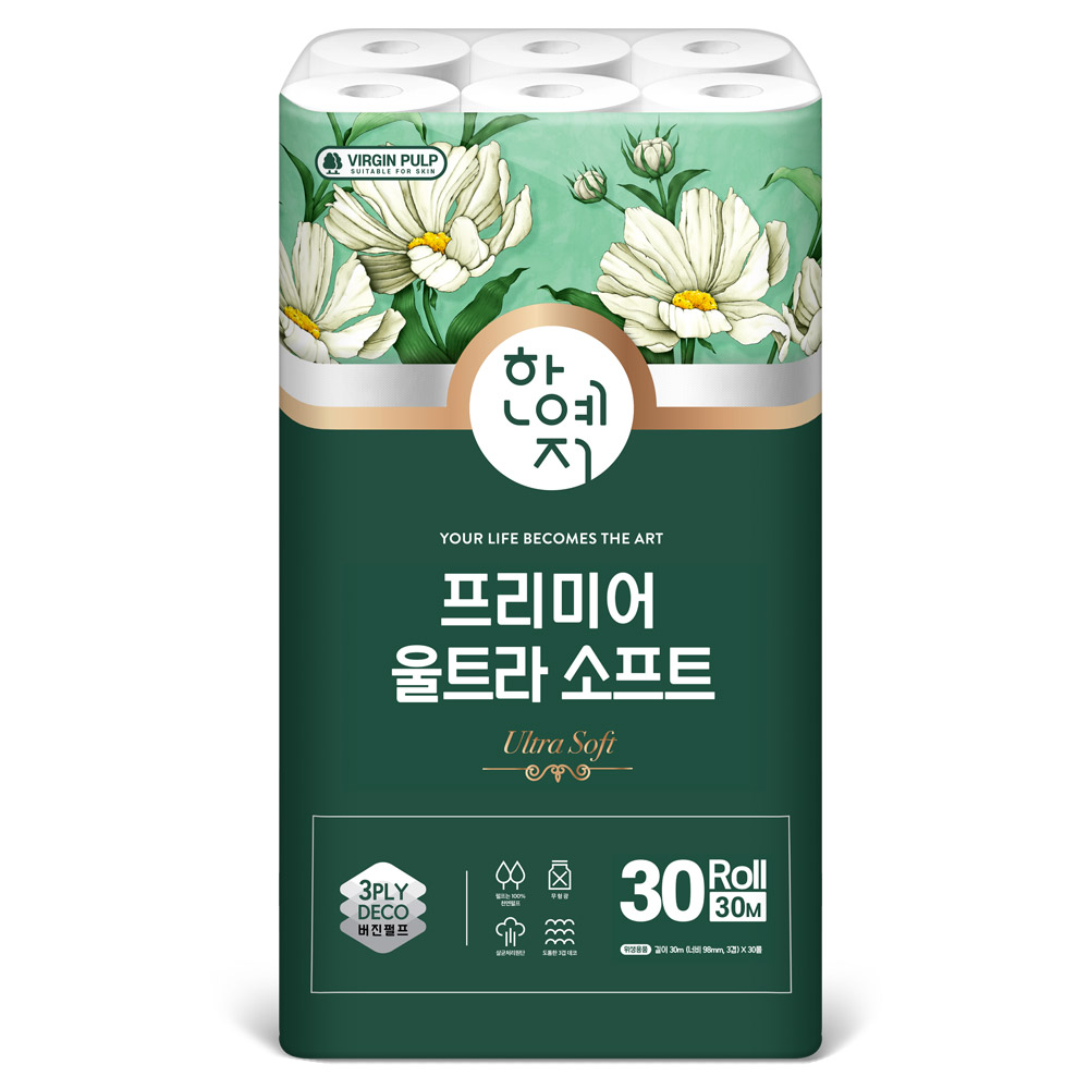 한예지 천연펄프 프리미어 울트라 소프트 두루마리 휴지 30롤 3팩 - 상세 이미지 2