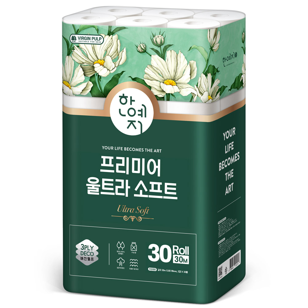 한예지 천연펄프 프리미어 울트라 소프트 두루마리 휴지 30롤 1팩