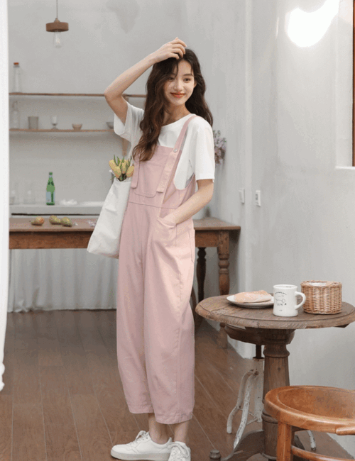 샤인 러블리 핑크 데님 멜빵바지 팬츠 - 상품 이미지