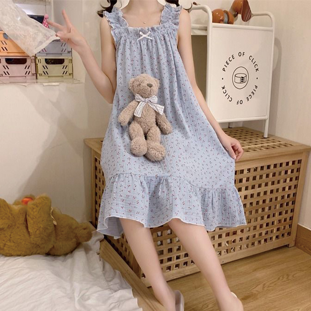 여름 시원한 체리 원피스 민소매 프릴 잠옷 이미지 3