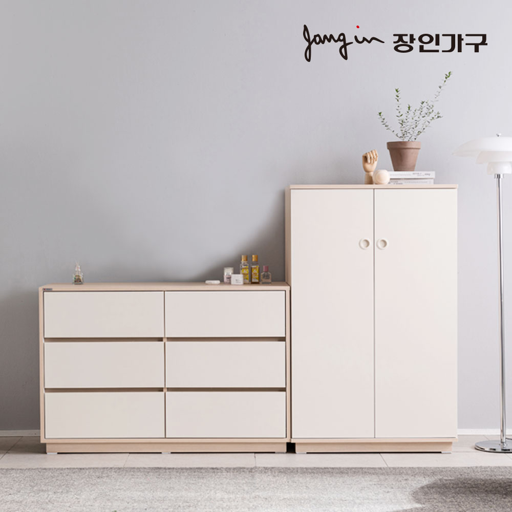 장인가구 크라운 빅 서랍장 옷장 세트A (3단와이드서랍장+낮은옷장) - 메인 이미지