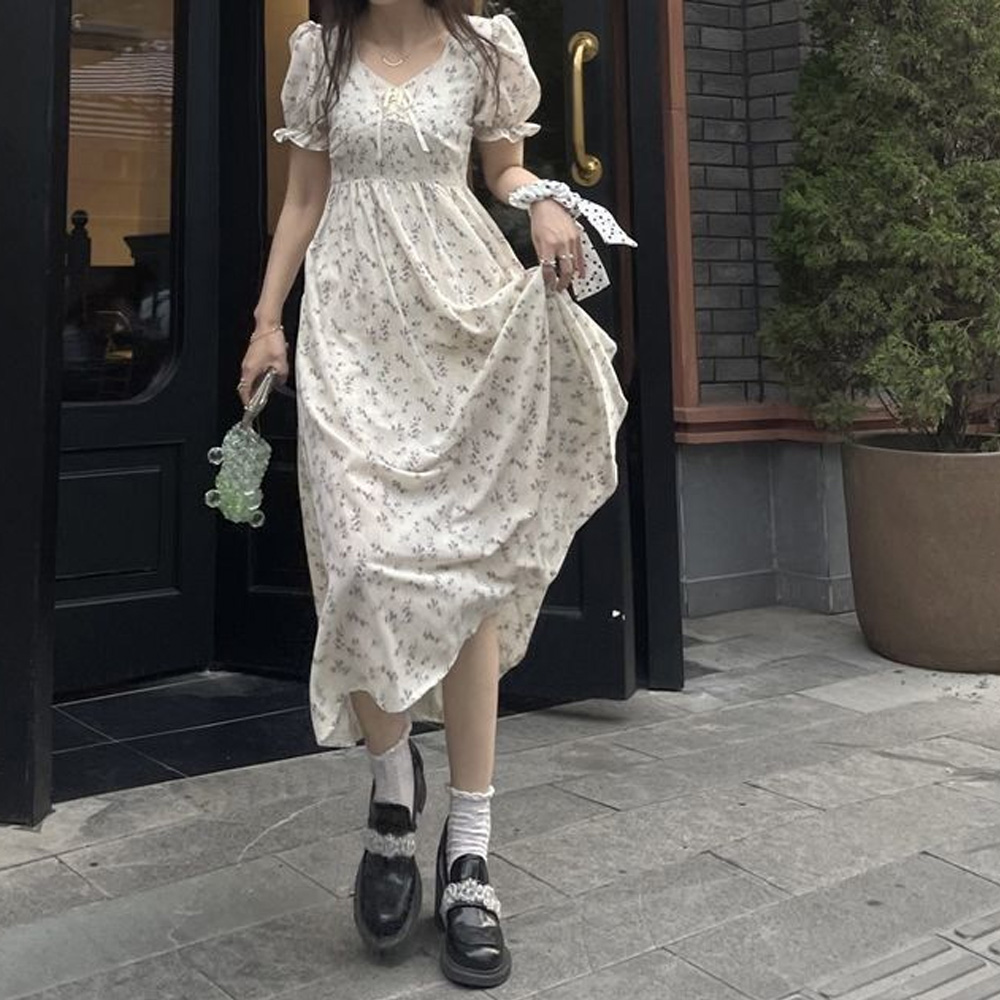 플라워 롱 숏 하객 흰색 원피스 플리츠 프릴 20대 하객룩 샤원피스 - 상세 이미지 2