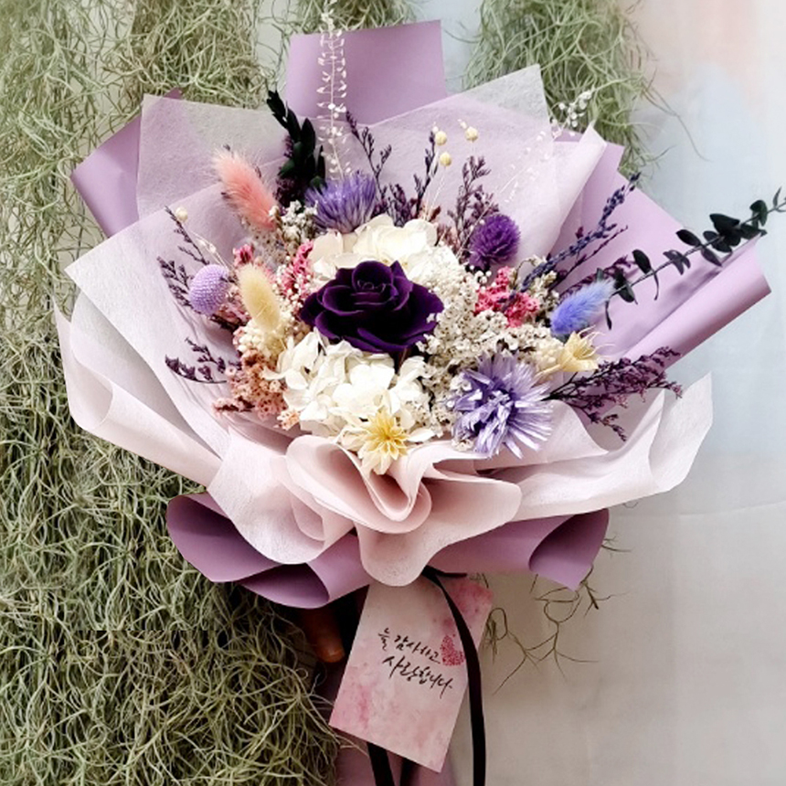 드라이플라워 프리저브드플라워 졸업식 꽃다발 미니 꽃선물 시들지않는꽃 파랑장미수국