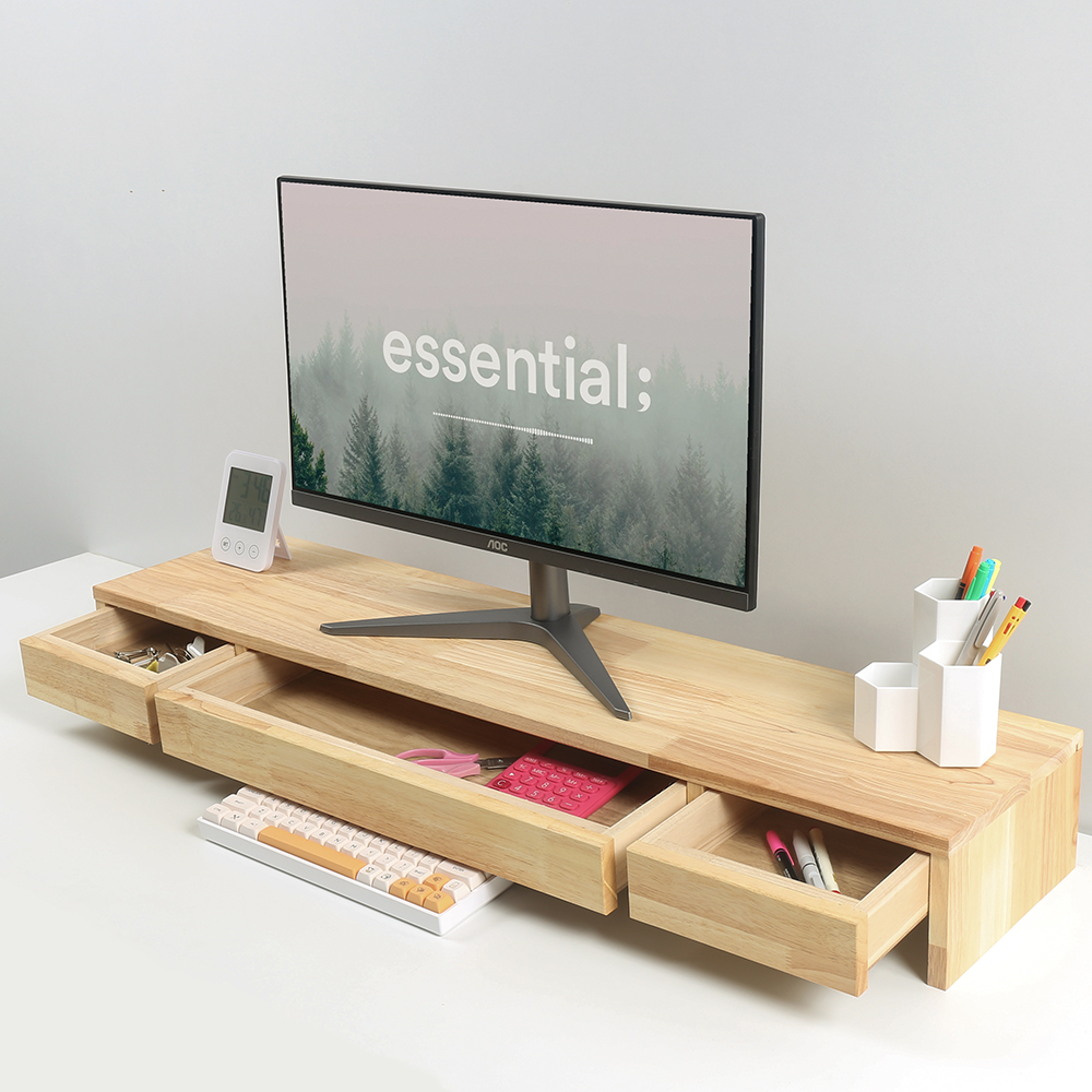 원목 모니터받침대 1000 3서랍 와이드 듀얼 고무나무