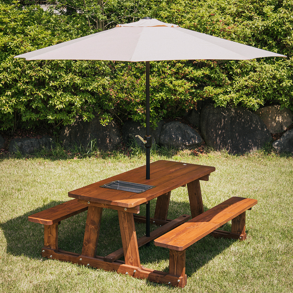 [바베큐형] 야외테이블 세트 파라솔 피크닉 정원 개방형 4인월넛색