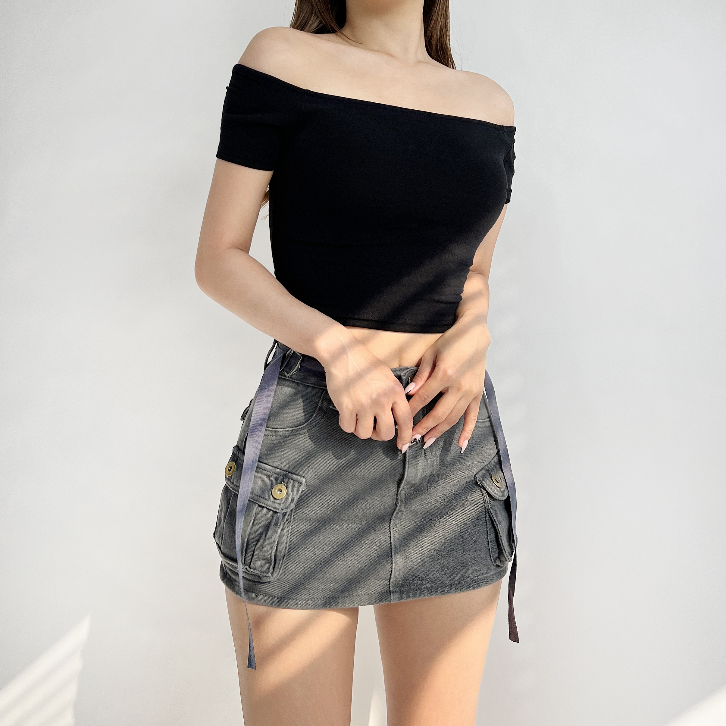 티프 오프숄더 기본 무지 반팔 크롭티셔츠 4color 이미지 2
