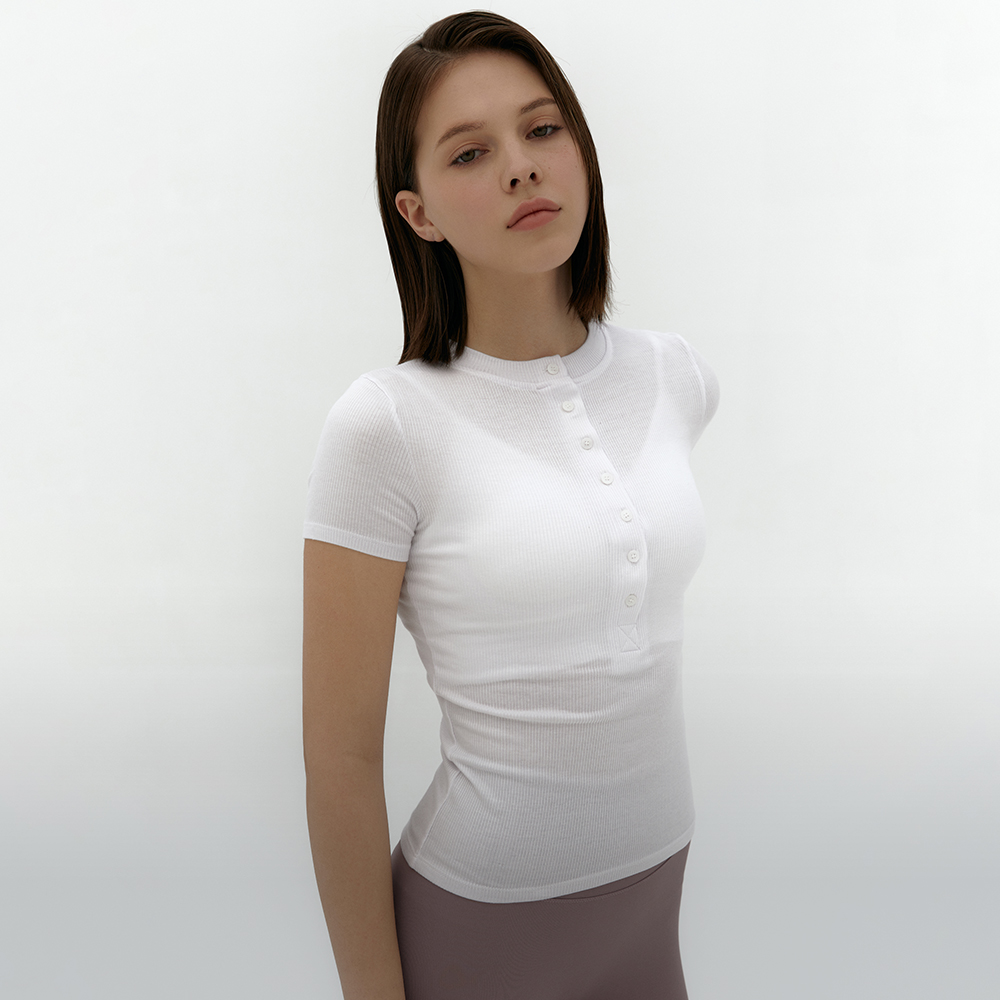 [콘치웨어] 메이크 버튼 골지 숏 슬리브 (아이보리) / 커버업 슬림핏 오픈카라