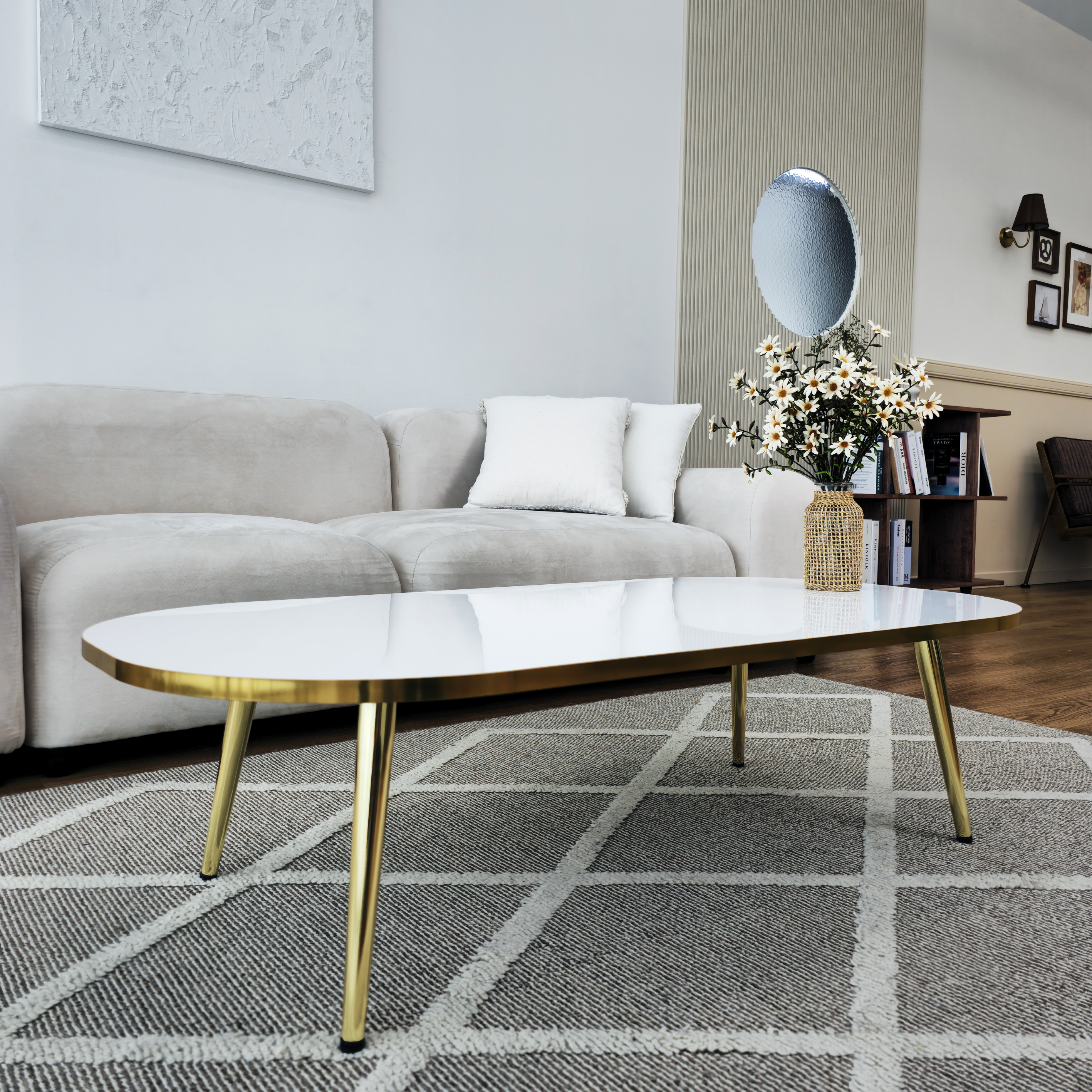 메리골드리빙 국산 거실 테이블 좌식 쇼파 타원형 티테이블 고정식 다리 1골드 대리석