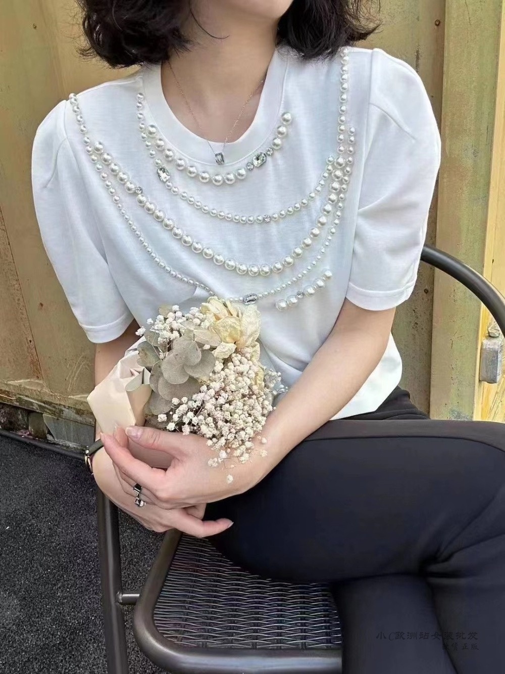 여러갈래 진주큐빅 목걸이티셔츠 볼륨소매 여름반팔 블링블링티 시원한블루컬러 이미지 3