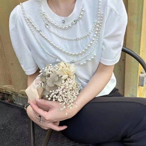 여러갈래 진주큐빅 목걸이티셔츠 볼륨소매 여름반팔 블링블링티 시원한블루컬러 착용 후기 | 사이즈/핏 총정리 - 상품 이미지 3