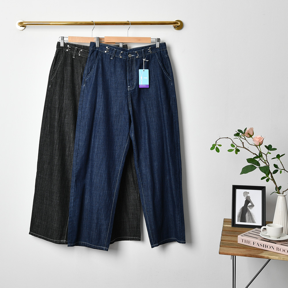 여자 여름 청바지 3단기장 하이웨스트 얇은 생지 와이드 난스판 키작녀 빅사이즈