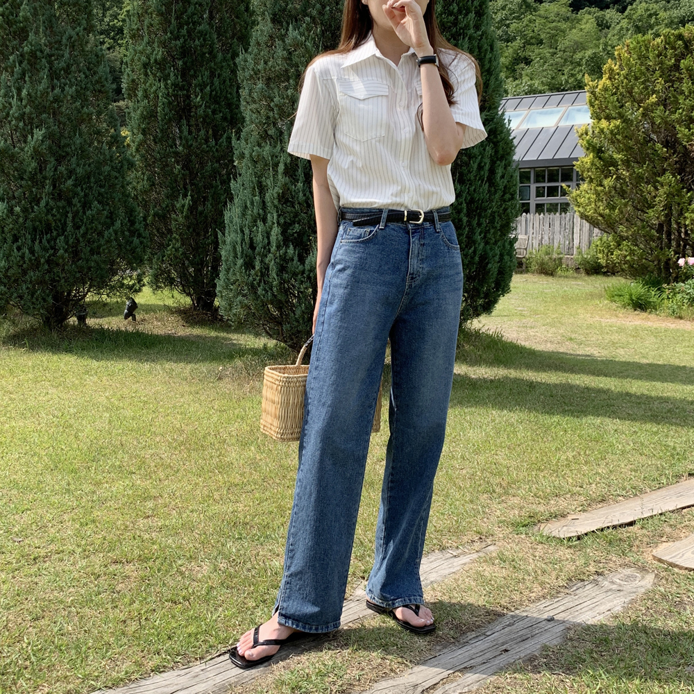 하이웨스트진 슬릿 일자 세미와이드 데님팬츠 진청 여성와이드청바지 여자청바지 통청바지 - 상세 이미지 5