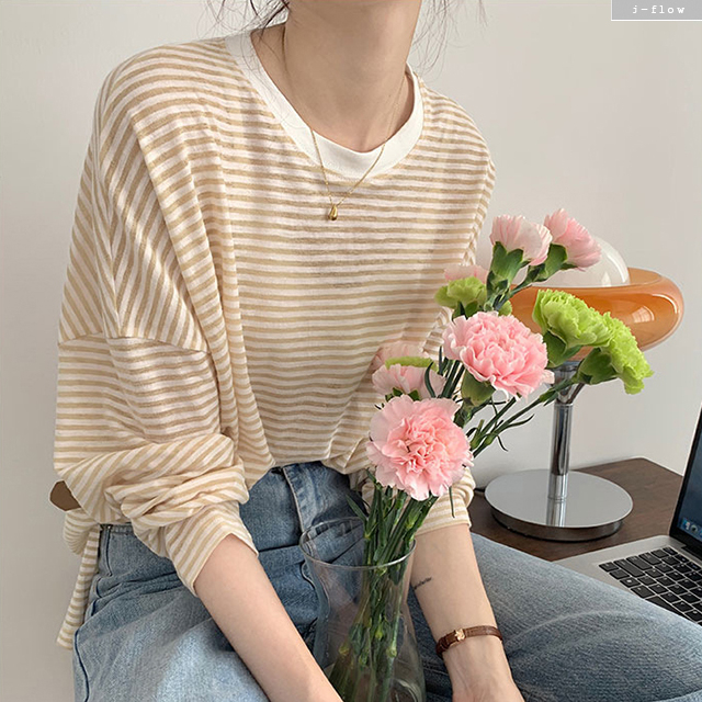 싱글 여름 스트라이프 루즈핏 긴팔 티셔츠 4col 봄 가을 시스루 맨투맨 제이플로우