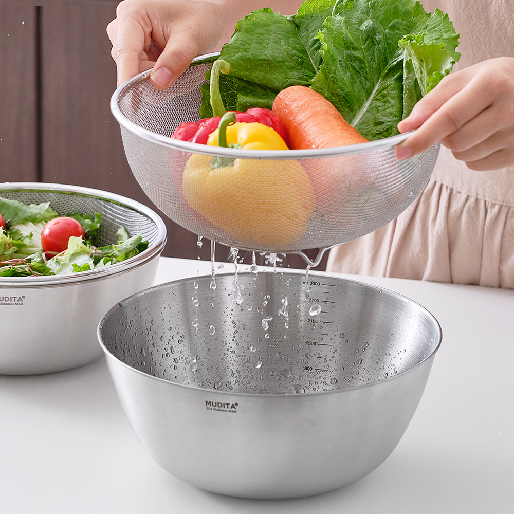 무디타 스텐 믹싱볼 & 채반 2종 세트 24cm (대/3300ml) / 다용도 야채 세척볼 - 상품 이미지