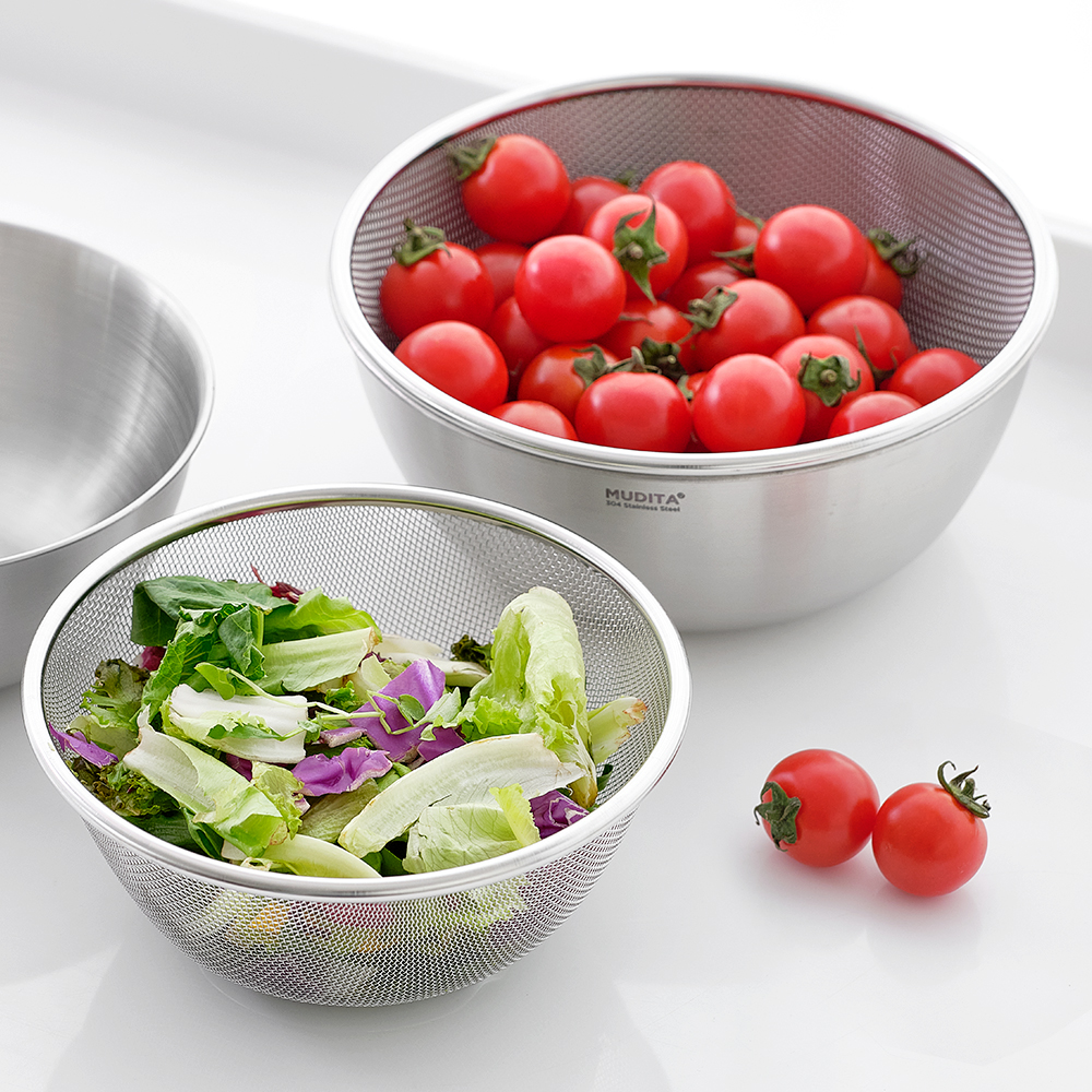 무디타 스텐 믹싱볼 & 채반 2종 세트 22cm (중/2500ml) / 다용도 야채 세척볼 - 상품 이미지