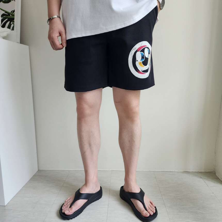남자 반바지 그림자 스마일 프린팅 트레이닝 츄리닝 숏팬츠 - 상세 이미지 3