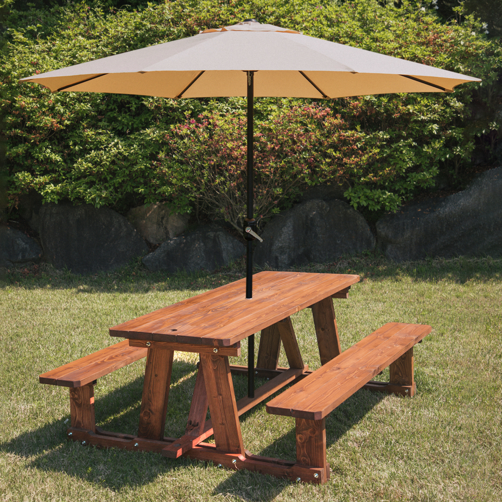 [바베큐형] 야외테이블 세트 파라솔 피크닉 정원 개방형 4인월넛색