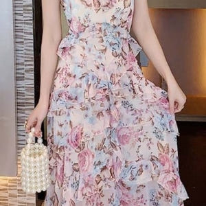 여자여자몰 플라워나염 실켓쉬폰 프릴 나시롱원피스 여름 바캉스원피스 휴양지... 착용 후기 | 사이즈/핏 총정리 - 상품 이미지 4