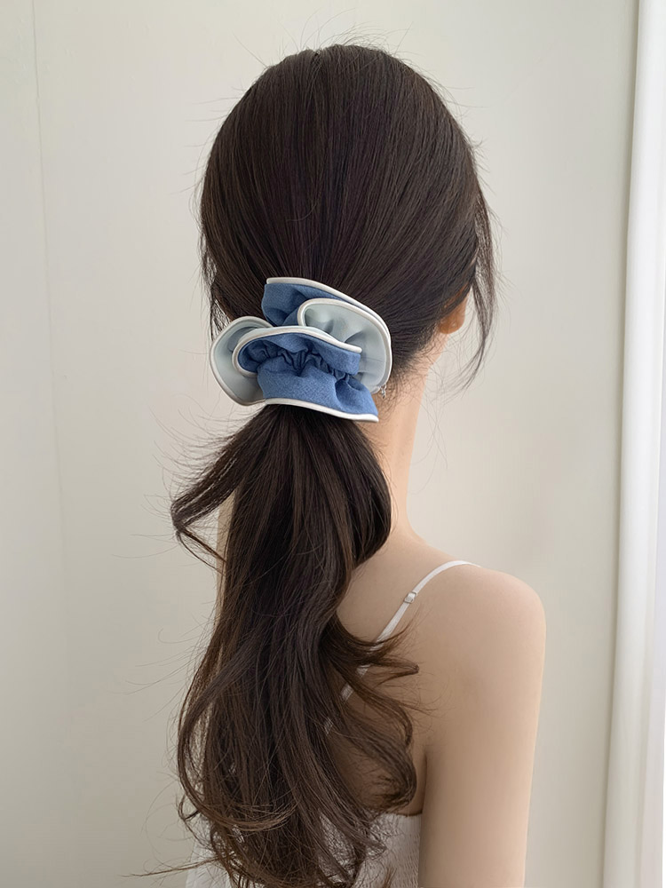 셀프러브 데님 파이핑 스크런치 - 오간디 투톤 쉬폰 시스루 두겹 헤어슈슈 머리끈 - 상세 이미지 5