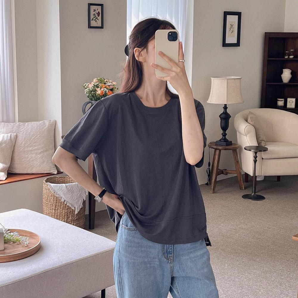 여자 스트링티 레이온 언발란스 라운드 바스락 티셔츠 이미지 2