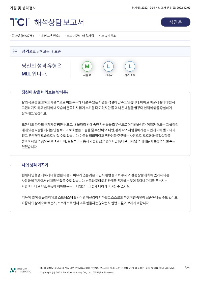 TCI 기질 및 성격검사 (2P 결과지 + 6P 해석보고서 + 참고자료 + 강의)