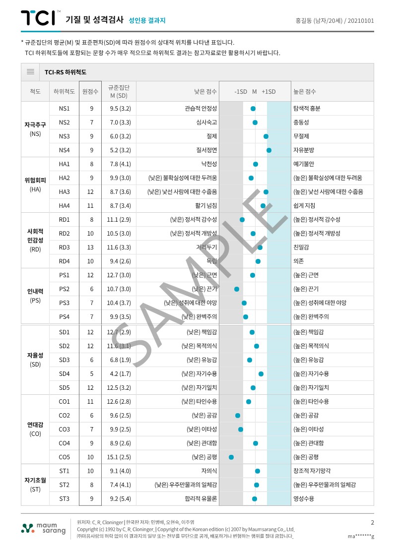 TCI 기질 및 성격검사 (2P 결과지 + 6P 해석보고서 + 참고자료 + 강의)