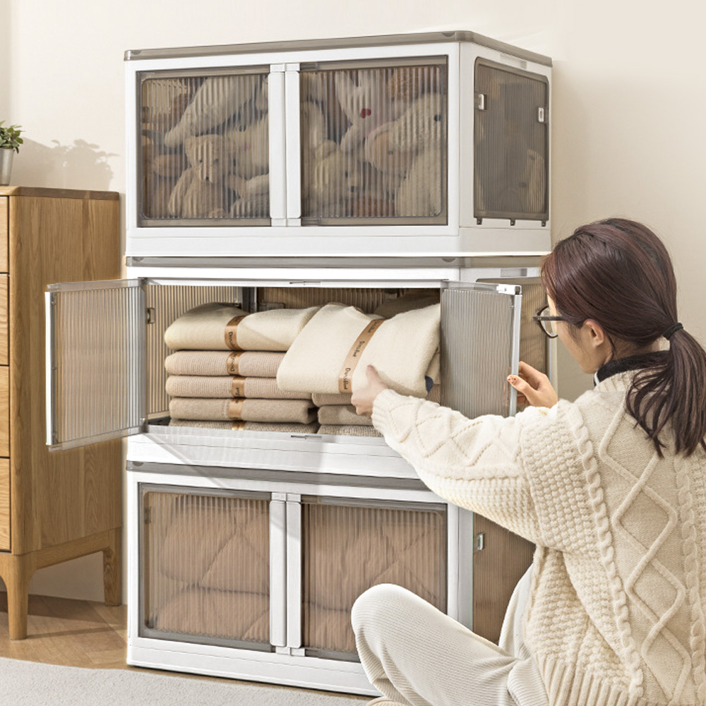 [단독] 1+1 전방향오픈 리빙박스 접이식 폴딩 수납 투명 플라스틱 중형 옷장 옷정리함