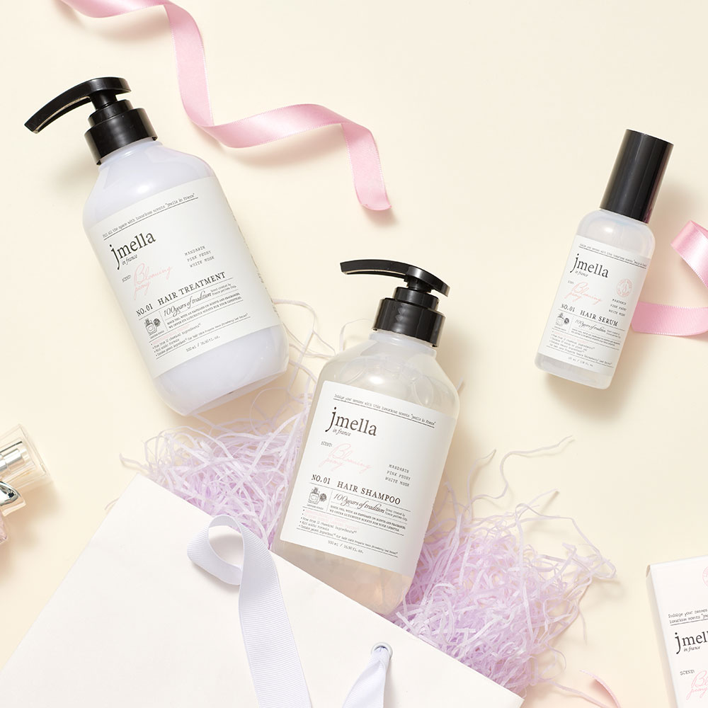 제이멜라 페이보릿 퍼퓸 헤어케어 3종세트 (샴푸 500ml + 트리트먼트 500ml + 헤어세럼 100ml + 쇼핑백) - 메인 이미지