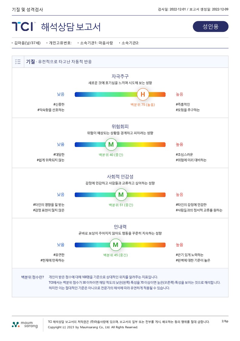 TCI 기질 및 성격검사 (2P 결과지 + 6P 해석보고서 + 참고자료 + 강의)