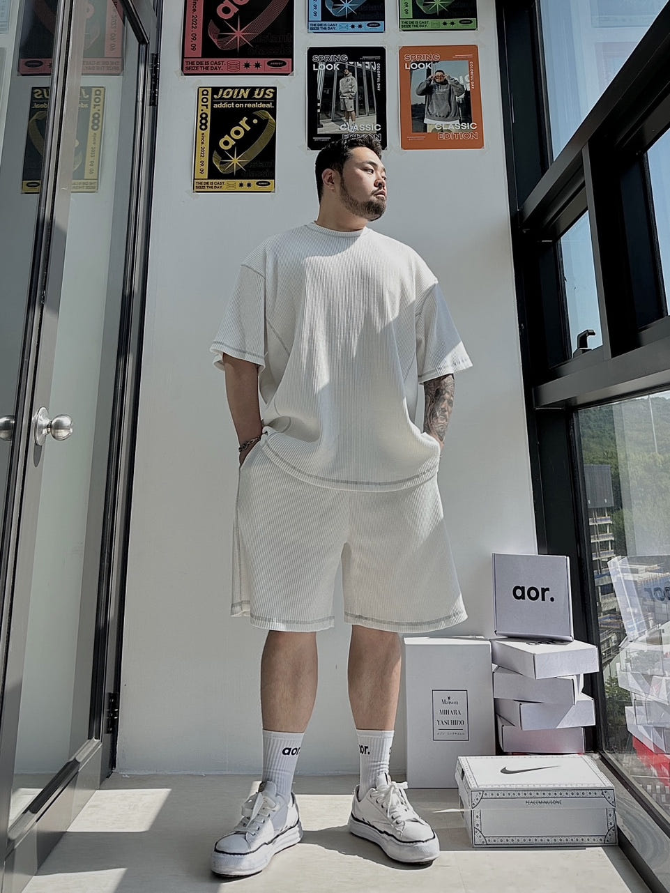 에이오알닷 aor. SET) 와플 스티치 하프 셋업 4COLOR 빅사이즈 오버핏 에이오알닷