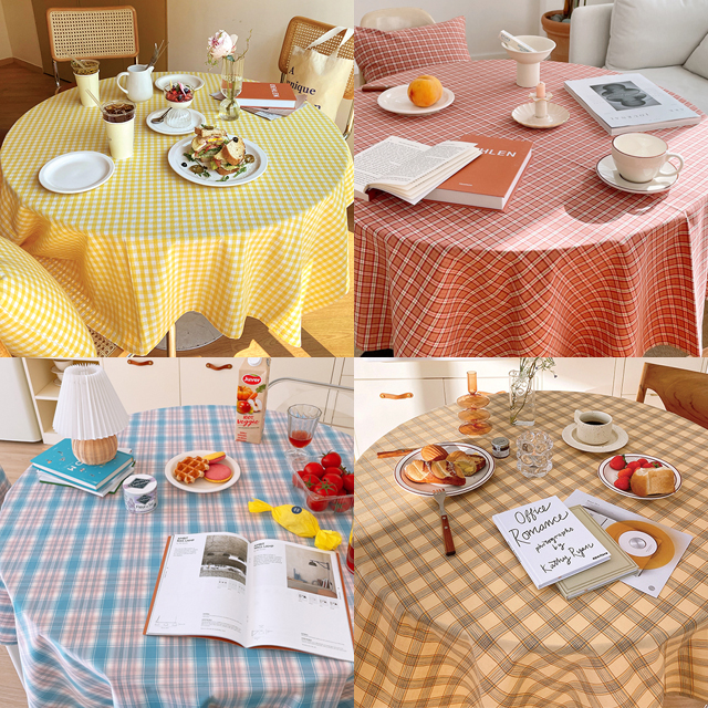살림씨 방수 식탁보 테이블보 체크 원형 캠핑 홈파티 행사 식탁커버 옐로우 95X110