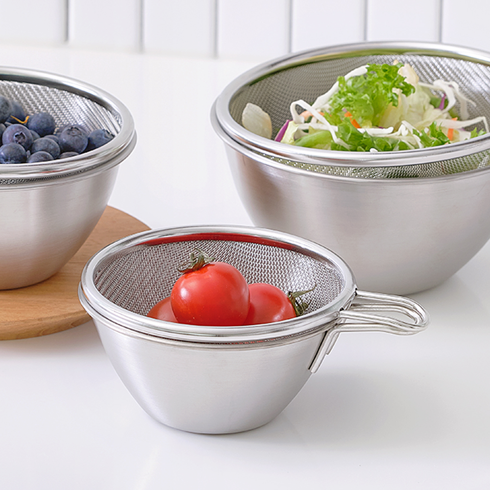 스텐 뉴미니 숏핸들 믹싱볼 1개+채반 1개 세트(11cm / 13cm / 15cm)