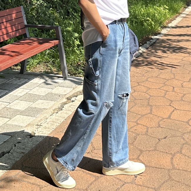 남자 마키아 봄 여름 가을 빈티지 구제 커팅 데미지 와이드 데님 이미지 4