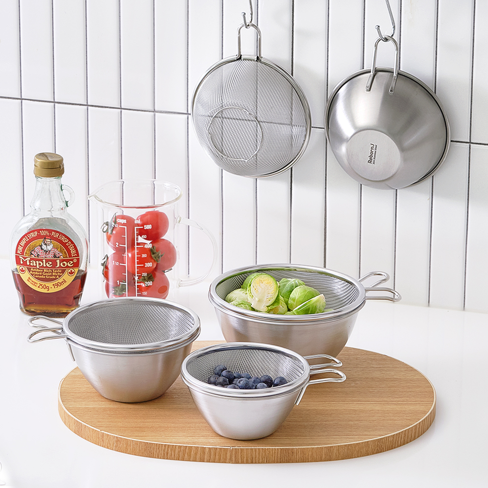 스텐 뉴 미니 숏핸들 믹싱볼 채반 세트 13cm / 500ml 과일 야채 바구니 채망 계량컵 - 상세 이미지 2