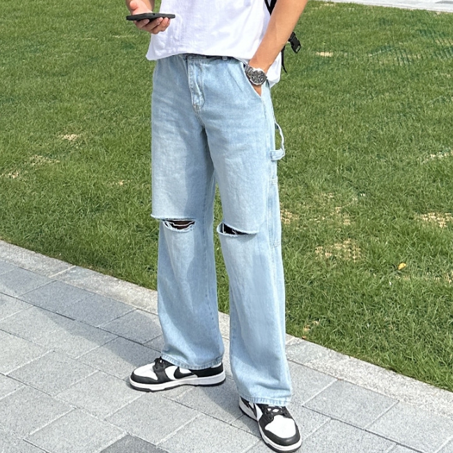 남자 마키아 봄 여름 가을 빈티지 구제 커팅 데미지 와이드 데님 이미지 3