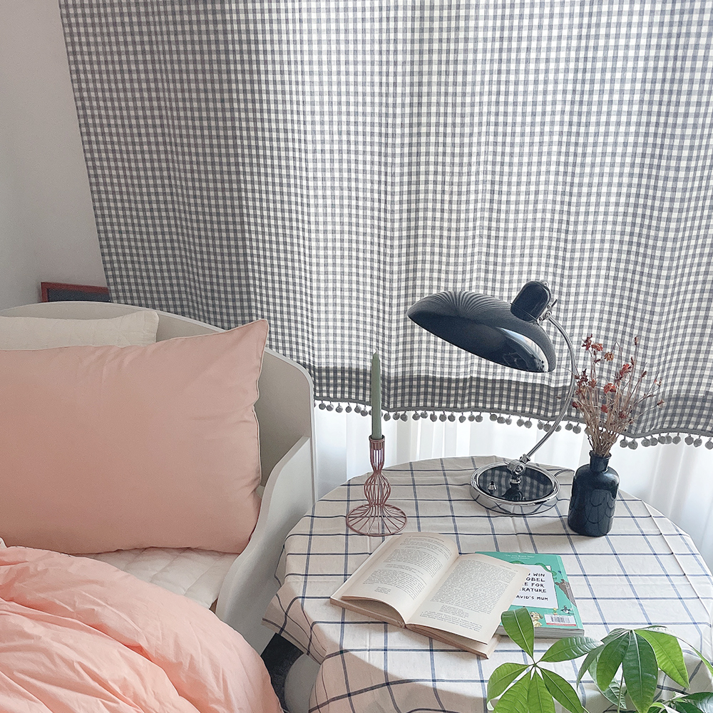 체크 폼폼 아이방 거실 커튼-그레이 맞춤제작 여아 남아