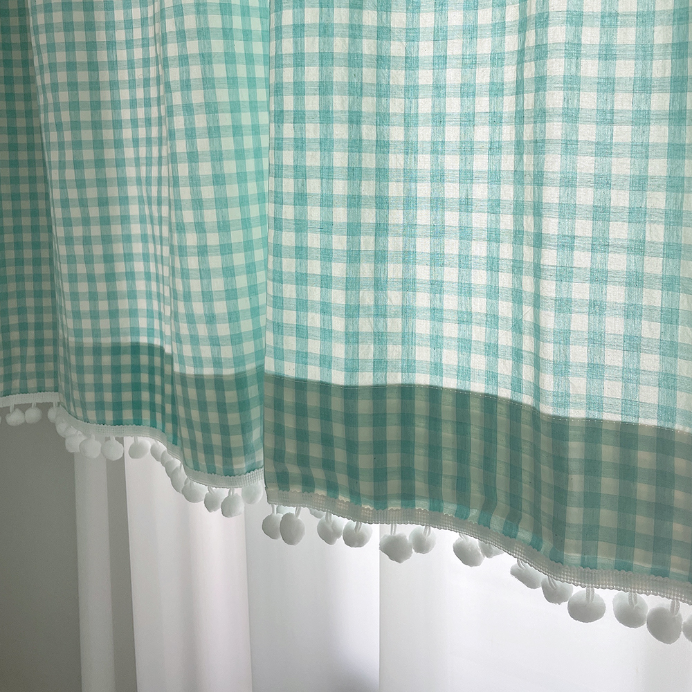 체크 폼폼 아이방 거실 커튼-아쿠아민트 맞춤제작 봄커튼