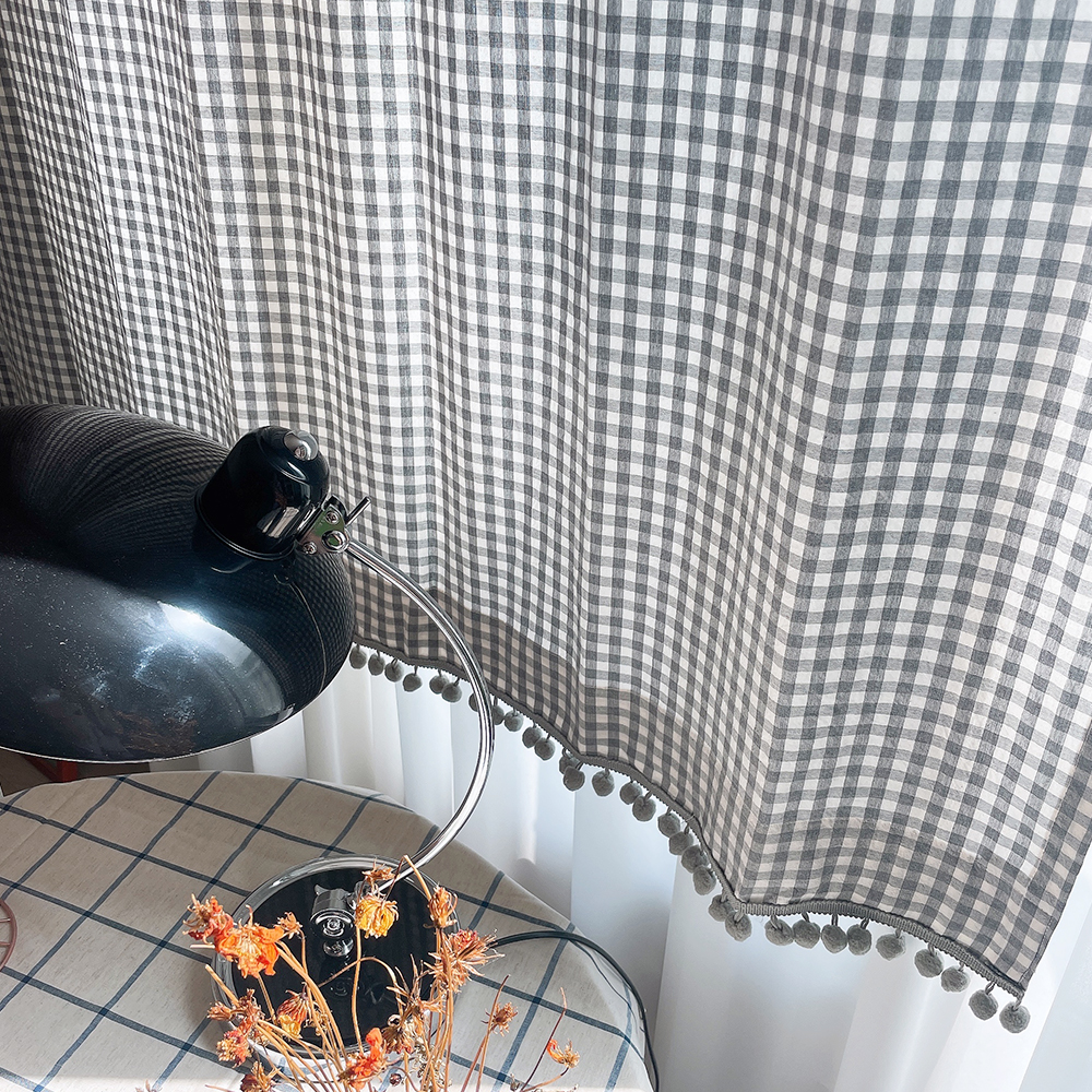 체크 폼폼 아이방 거실 커튼-그레이 맞춤제작 여아 남아