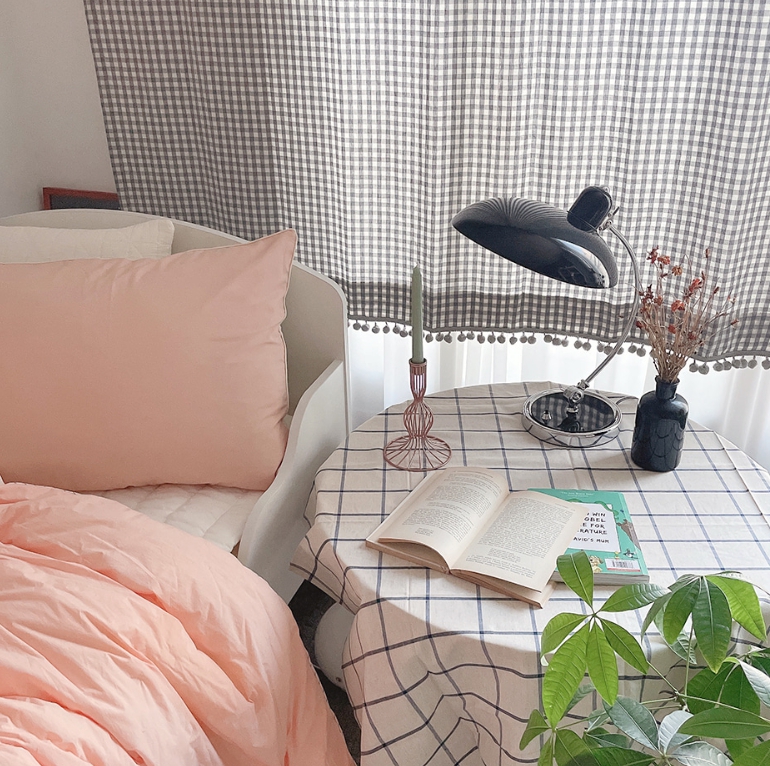 체크 폼폼 아이방 거실 커튼-그레이 맞춤제작 여아 남아