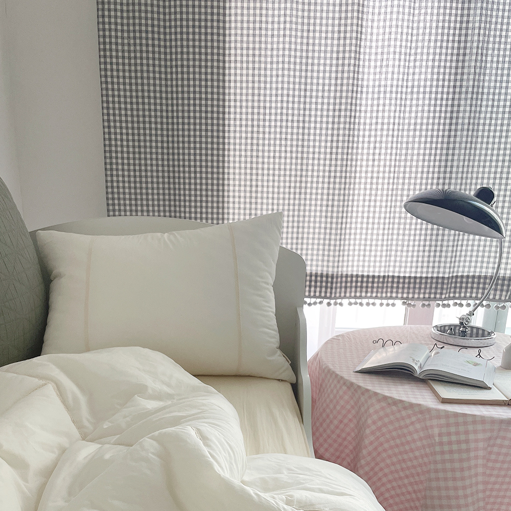 체크 폼폼 아이방 거실 커튼-그레이 맞춤제작 여아 남아