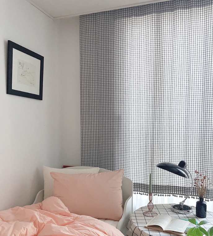 체크 폼폼 아이방 거실 커튼-그레이 맞춤제작 여아 남아