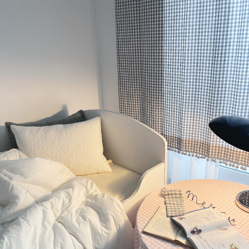 체크 폼폼 아이방 거실 커튼-그레이 맞춤제작 여아 남아