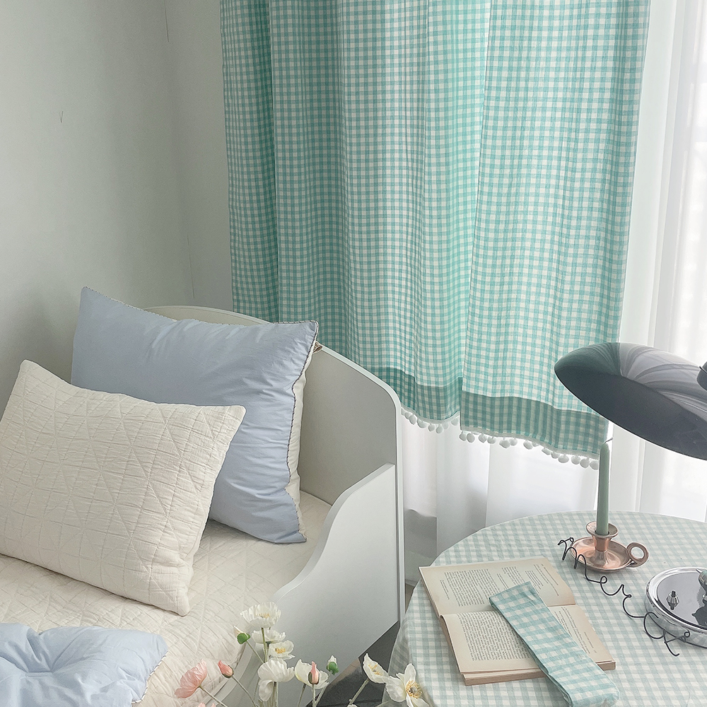 체크 폼폼 아이방 거실 커튼-아쿠아민트 맞춤제작 봄커튼