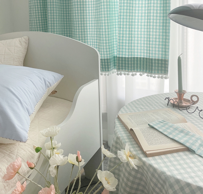 체크 폼폼 아이방 거실 커튼-아쿠아민트 맞춤제작 봄커튼